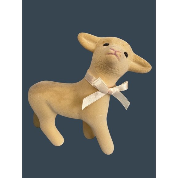 Vintage Midcentury Flocked Lamb Figurine W/ Satin Bow 7.5" - Picture 1 of 9